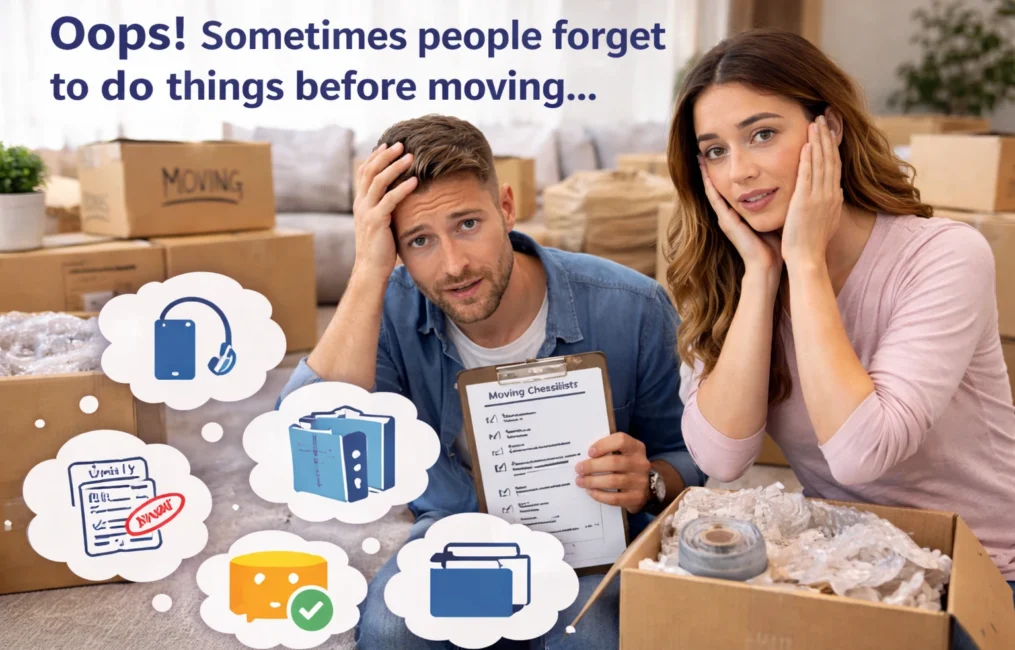 things people forget before moving couple stressed with checklist and packing boxes