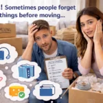 things people forget before moving couple stressed with checklist and packing boxes