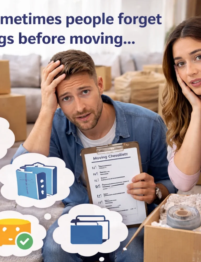 things people forget before moving couple stressed with checklist and packing boxes