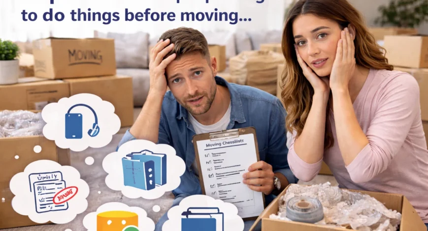 things people forget before moving couple stressed with checklist and packing boxes