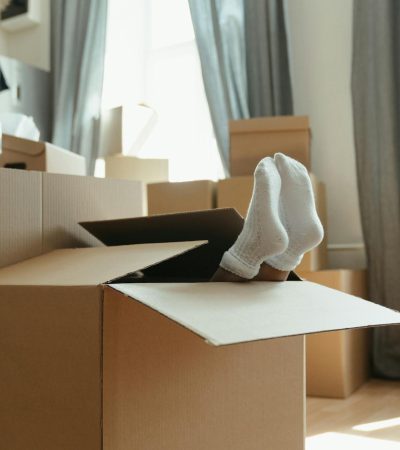Child relaxing inside a cardboard moving box during moving day